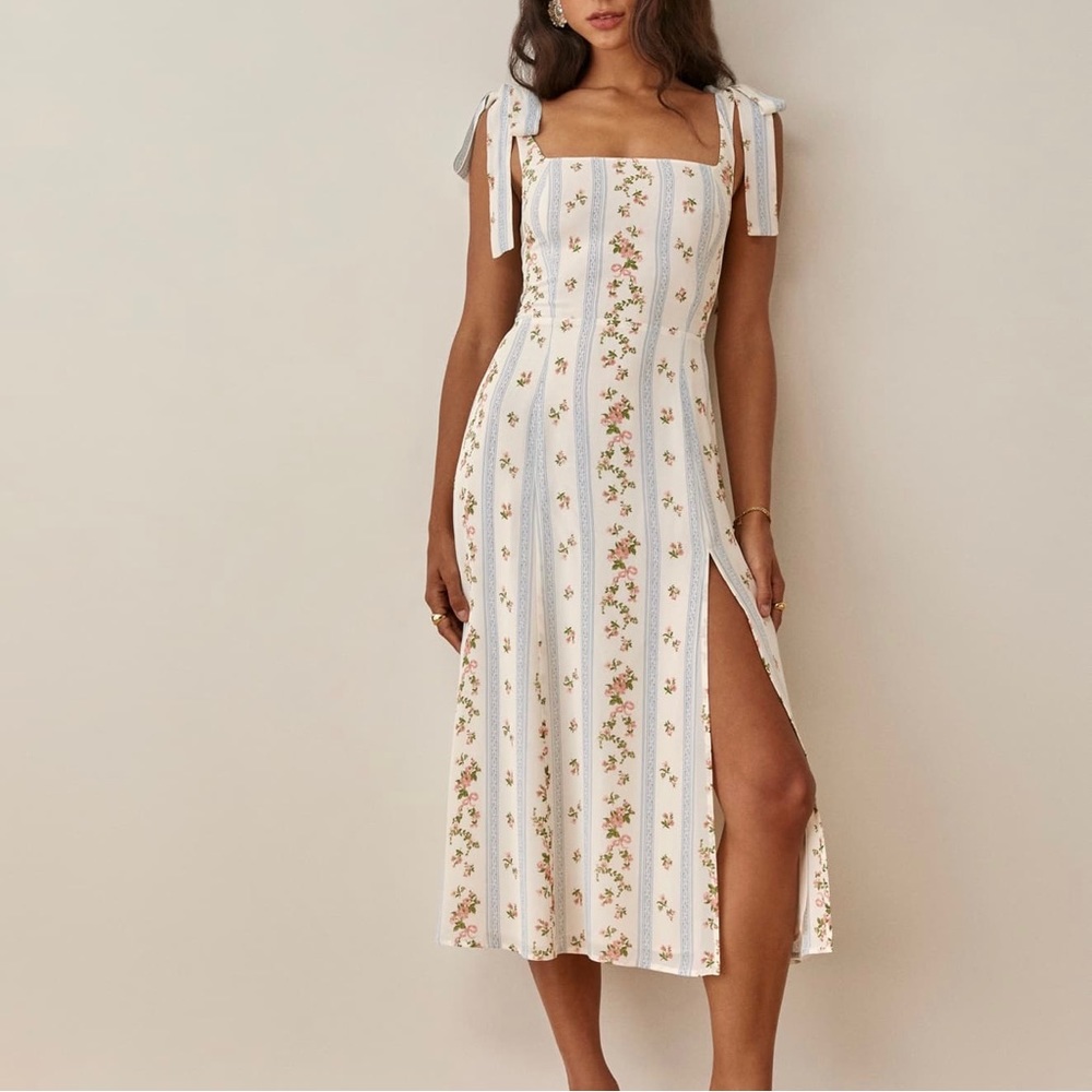 BEST Reformation Twilight Midi Dress Sz2 Surrey Blue Ivory Floral Wedding Party - Picture 2 of 9